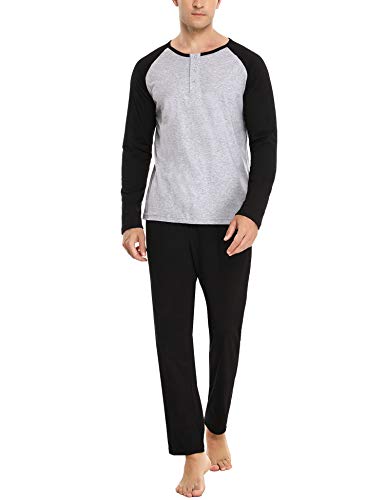 Sykooria Herren Pyjama Schlafanzug lang Männer Warmer Baumwolle Winterpyjama Zweiteiliger Set Langarm und Pyjamahose mit Taschen von Sykooria