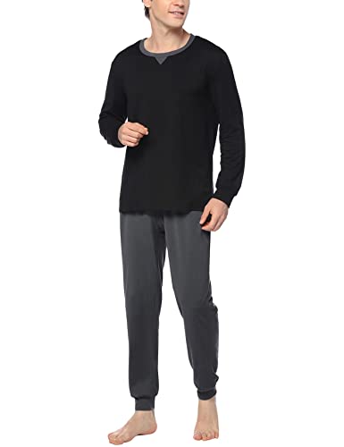 Sykooria Herren Schlafanzug lang mit Bündchen aus Baumwolle Zweiteiliger Pyjama Herren lang, Langarm Shirt & Schlafanzughose, Schwarz XXL, AMB00528_B_XXL von Sykooria