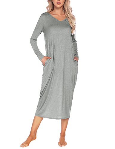 Sykooria Nachthemd Damen Lang Baumwolle Gestreifter Nachtkleid Morgenmantel Stillnachthemd Sleepwear mit Taschen, A-Grau, S von Sykooria