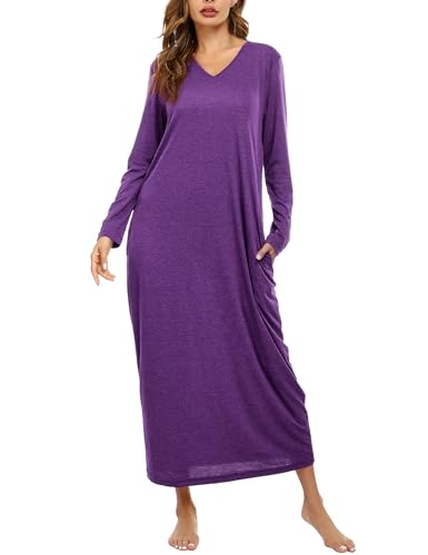Sykooria Nachthemd Damen Lang Baumwolle Gestreifter Nachtkleid Morgenmantel Stillnachthemd Sleepwear mit Taschen, A-violett, L von Sykooria