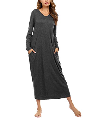 Sykooria Nachthemd Damen Lang Baumwolle Gestreifter Nachtkleid Morgenmantel Stillnachthemd Sleepwear mit Taschen, A-Dunkelgrau, L von Sykooria