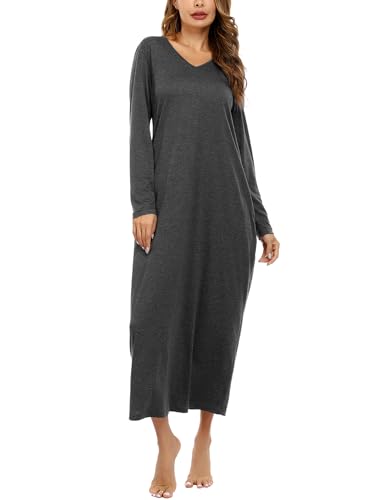 Sykooria Nachthemd Damen Lang Baumwolle Gestreifter Nachtkleid Morgenmantel Stillnachthemd Sleepwear mit Taschen, A-Dunkelgrau, S von Sykooria