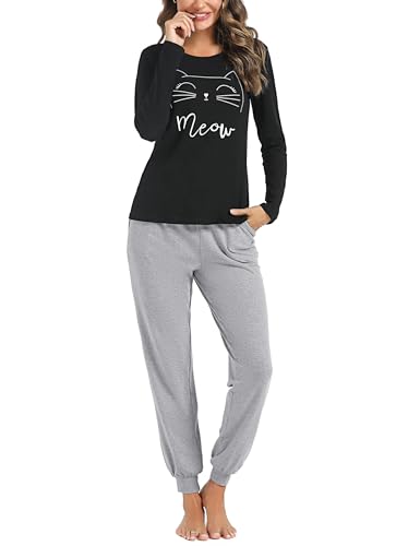 Sykooria Schlafanzug Damen Lang aus Baumwolle Langarm V-Ausschnitt Kontrastkante Design Zweiteilige Pyjama Damen Set Oberteile & Pyjamahosen, A-BGR, L von Sykooria