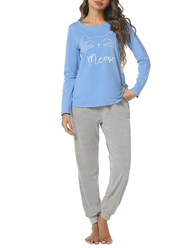 Sykooria Schlafanzug Damen Lang aus Baumwolle Langarm V-Ausschnitt Kontrastkante Design Zweiteilige Pyjama Damen Set Oberteile & Pyjamahosen, A-Blau 1, S von Sykooria