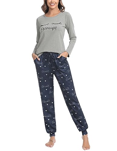 Sykooria Schlafanzug Damen Lang aus Baumwolle Langarm V-Ausschnitt Kontrastkante Design Zweiteilige Pyjama Damen Set Oberteile & Pyjamahosen, A-DBG, XL von Sykooria