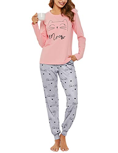 Sykooria Schlafanzug Damen Lang aus Baumwolle Langarm V-Ausschnitt Kontrastkante Design Zweiteilige Pyjama Damen Set Oberteile & Pyjamahosen, A-Pink, XL von Sykooria