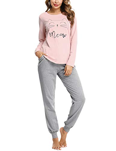 Sykooria Schlafanzug Damen Lang aus Baumwolle Langarm V-Ausschnitt Kontrastkante Design Zweiteilige Pyjama Damen Set Oberteile & Pyjamahosen, A-Rosa, XL von Sykooria