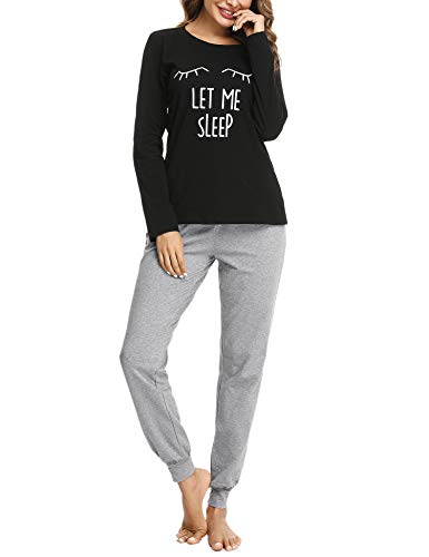 Sykooria Schlafanzug Damen Lang aus Baumwolle Langarm V-Ausschnitt Kontrastkante Design Zweiteilige Pyjama Damen Set Oberteile & Pyjamahosen, A-Schwarz, S von Sykooria