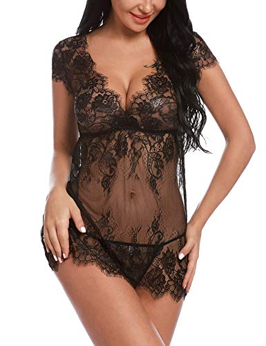 Sykooria Sexy Dessous Damen Babydoll Reizwäsche Nachthemd Kurz Damen Unterwäsche Sexy Set Negligee Lingerie V-Ausschnitt Transluzente Spitze Sleepwear Kleid mit Tanga Valentinstag, Schwarz, XXL von Sykooria