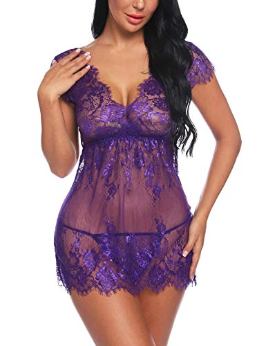 Sykooria Sexy Dessous Damen Babydoll Reizwäsche Nachthemd Kurz Damen Unterwäsche Sexy Set Negligee Lingerie V-Ausschnitt Transluzente Spitze Sleepwear Kleid mit Tanga Valentinstag, Lila, XL von Sykooria