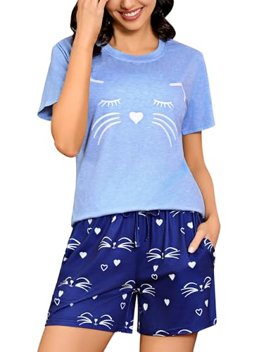 Sykooria Sommer Pyjama Damen Kurz, Zweiteilige Schlafanzug Damen Kurz Baumwolle Nachtwäsche Damen Pyjama Set Shirt & Shorts, Hellblau L von Sykooria