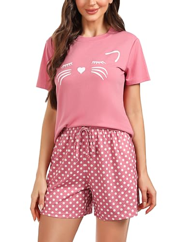 Sykooria Sommer Pyjama Damen Kurz, Zweiteilige Schlafanzug Damen Kurz Baumwolle Nachtwäsche Damen Pyjama Set Shirt & Shorts, Katze Rosa, L von Sykooria