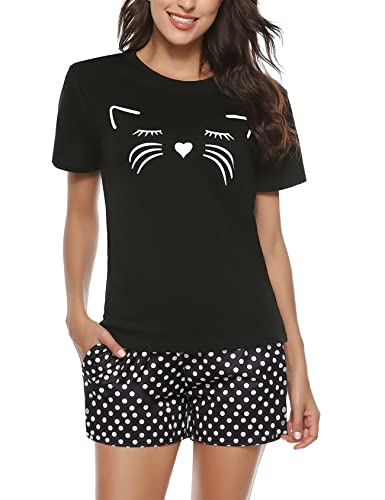 Sykooria Sommer Pyjama Damen Kurz, Zweiteilige Schlafanzug Damen Kurz Baumwolle Nachtwäsche Damen Pyjama Set Shirt & Shorts, Katze Schwarz L von Sykooria