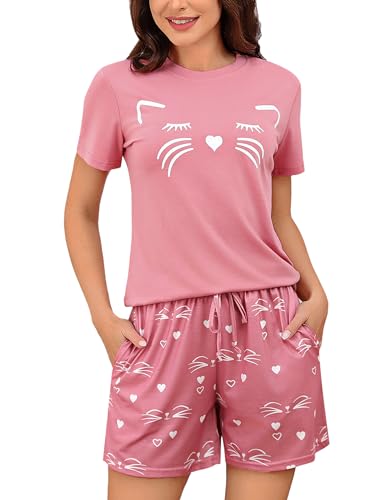 Sykooria Sommer Pyjama Damen Kurz, Zweiteilige Schlafanzug Damen Kurz Baumwolle Nachtwäsche Damen Pyjama Set Shirt & Shorts, Rosa Tupfen, S von Sykooria