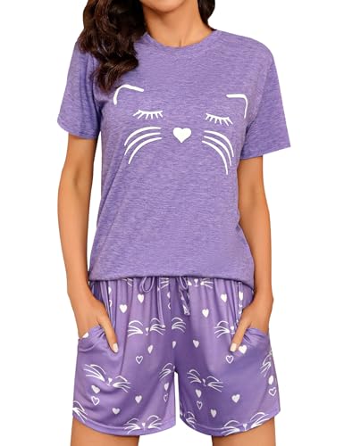 Sykooria Sommer Pyjama Damen Kurz, Zweiteilige Schlafanzug Damen Kurz Baumwolle Nachtwäsche Damen Pyjama Set Shirt & Shorts, Violett L von Sykooria