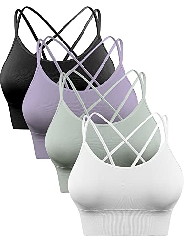 Sykooria Sport BH Damen Gepolstert Bustier Damen BH ohne Buegel Spaghettiträger Cross Back Design Push up BH Sport Bra Top für Yoga Fitness, Schwarz+Violett+Grün+Weiß, M von Sykooria