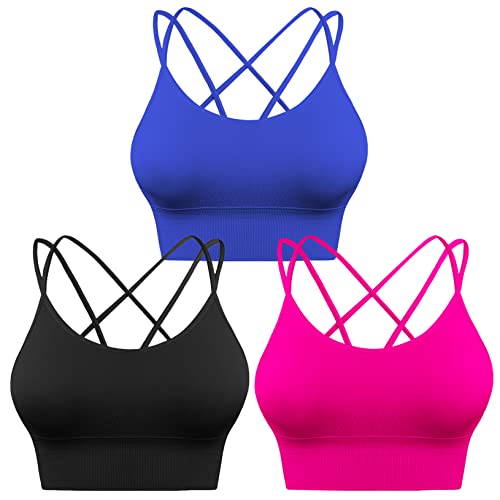 Sykooria Sport-BH für Damen, sexy, überkreuzt, für Yoga, Laufen, Athletisch, Fitnessstudio, Workout, Fitness, Tank-Top, 3 Stück, 3er-Pack - Schwarz + Königsblau + Hot Pink, Medium von Sykooria