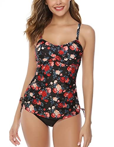 Sykooria Tankini für Damen Bauchweg Badeoberteil mit Bikinislip Zweiteilig Push Up Sommer Bade Tankini Oberteil Badeanzug Zweiteiler, Blume auf schwarz M von Sykooria