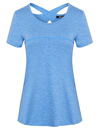 Sykooria Sportshirt Damen Kurzarm Sommer Sport T-Shirts Leichte Back Rückenfrei Funktionsshirt Fitness Oberteile Frauen Rundhals Yoga Top, Blau M von Sykooria