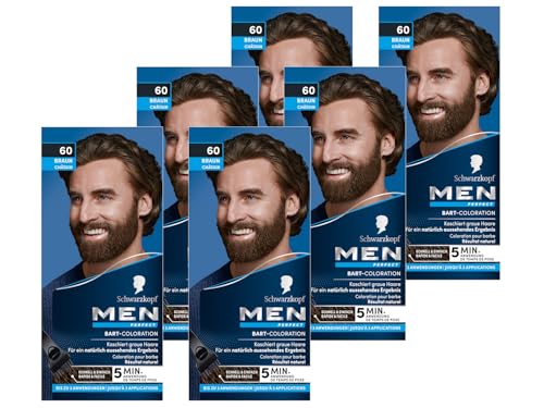 Schwarzkopf Men Perfect Bart-Coloration 60 Natur Braun Stufe 2 (6x 30 ml), Bartfärbemittel zum Kaschieren grauer Haare für ein natürlich aussehendes Ergebnis, schnelle Anwendung von Syoss