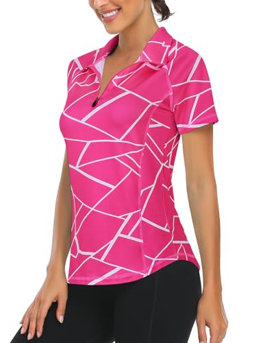 Syphiby Kurzärmeliges Damen-Poloshirt, 1/4-Reißverschluss, feuchtigkeitsableitend, Golf-Oberteil, Sport, Workout, Laufen, T-Shirt, S-XXL, Geometrie Hot Pink, L Syphiby Kurzärmeliges Damen-Poloshirt, 1/4-Reißverschluss, feuchtigkeitsableitend, Golf-Oberteil, Sport, Workout, Laufen, T-Shirt, S-XXL, Geometrie Hot Pink, L von Syphiby