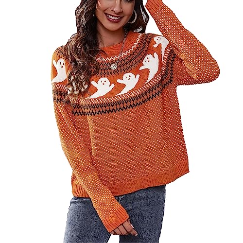 Halloween-Pullover Damen Halloween-Geisterpullover Halloween-Retro-Geister-Polka-Dot-Print Langärmeliger Strickpullover mit Rundhalsausschnitt Damen (Orange) von Syrisora