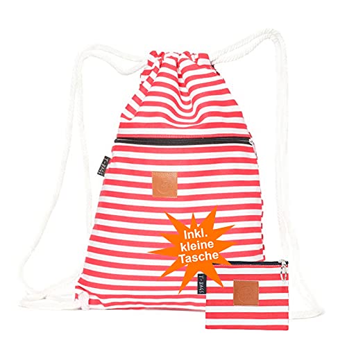 T-bags Turnbeutel Damen Herren Stoffbeutel mit Kordelzug - Kosmetiktasche Klein für Handtasche Stoff - Sportbeutel Baumwolle Kinder - Rucksack Set mit Geldbörse (Weiß Rot) von T-bags