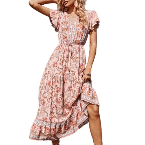 Damen Sommer Casual Kleid Bohemia Boho Floral Sexy V Ausschnitt Kleider Rüschen Besatz Kurzarm Tunika Strand Party Kleid Frühling, rose, Groß von TABANA