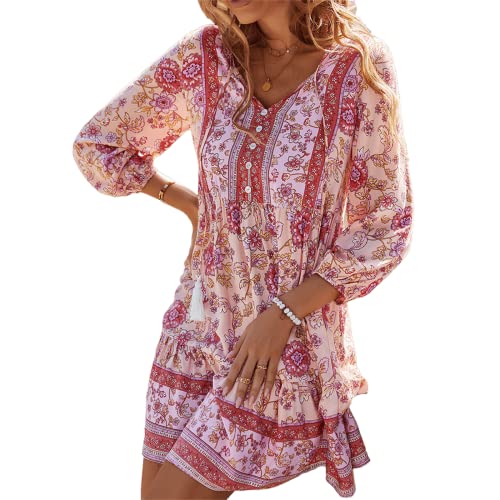 Damen Sommer Casual Tunika Minikleid Boho Floral 3/4 Puffärmel V Ausschnitt Swing Kleider Button Down Cottagecore Lose Kleid, rose, Mittel von TABANA