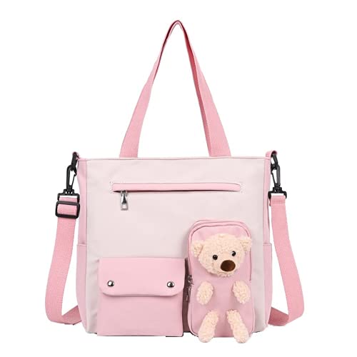 Niedliche Umhängetasche Kawaii Tote Handtasche mit Teddybär, tägliche Tasche mit Reißverschluss oben für Teenager, Frauen, Mädchen, Rosa, Medium von TABANA