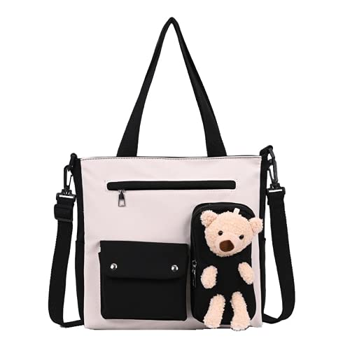 Niedliche Umhängetasche Kawaii Tote Handtasche mit Teddybär, tägliche Tasche mit Reißverschluss oben für Teenager, Frauen, Mädchen, Schwarz, Medium von TABANA