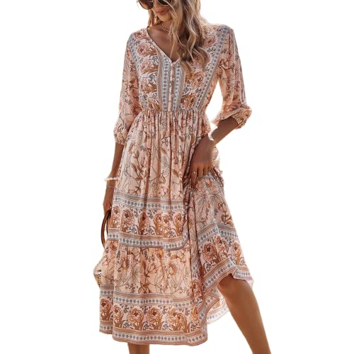 TABANA Damen Sommer Casual Kleid Bohemia Boho Blumenmuster Sexy V Ausschnitt Kleider 3/4 Ärmel Tunika Strand Party Kleid Frühling, beige, Groß von TABANA