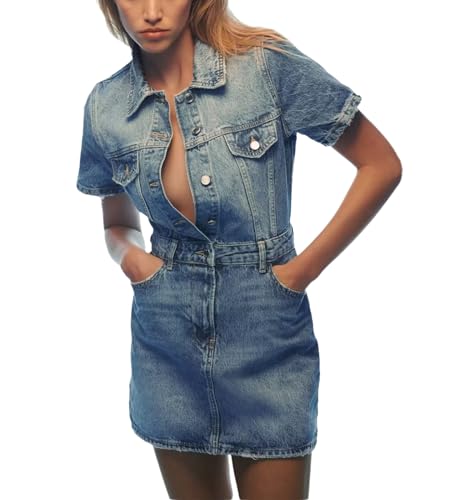TACSTRUN 90er-Jahre-Vintage-Jeanskleid mit kurzen Ärmeln und Knöpfen für Damen, trendiges, schmales Midi-Jeanskleid,Blau,L TACSTRUN 90er-Jahre-Vintage-Jeanskleid mit kurzen Ärmeln und Knöpfen für Damen, trendiges, schmales Midi-Jeanskleid,Blau,L von TACSTRUN