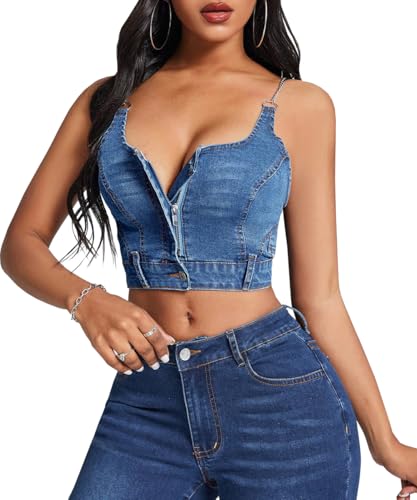 TACSTRUN Denim Korsett Top für Frauen Sexy Deep V-Neck Tube Top Zipper Camisole Backless Cropped Tank Vest,Blau,S TACSTRUN Denim Korsett Top für Frauen Sexy Deep V-Neck Tube Top Zipper Camisole Backless Cropped Tank Vest,Blau,S von TACSTRUN