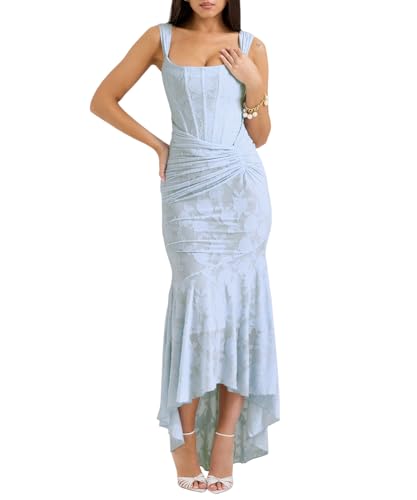 TACSTRUN Frauen Korsett Kleid Sexy Tube Top Spaghetti Strap Midi Kleid Low Cut Flowy Floral Plissierte Saum Formale Kleider,Blau,L TACSTRUN Frauen Korsett Kleid Sexy Tube Top Spaghetti Strap Midi Kleid Low Cut Flowy Floral Plissierte Saum Formale Kleider,Blau,L von TACSTRUN