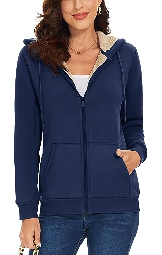 TACVASEN Damen Fleecejacke Gefütterte Winter Kapuzenjacke Fleece Sweatjacke Basic Hoodie Casual Jacket, Marineblau, M von TACVASEN