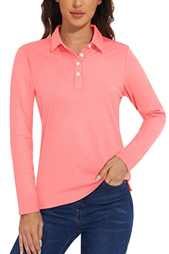 TACVASEN Damen Polo Arbeitsshirt Langarm Basic Poloshirt UV Sportshirt Quick Dry Top für Wandern, Golf und Yoga (L, Rosa) von TACVASEN