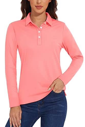 TACVASEN Damen Polo Arbeitsshirt Langarm Basic Poloshirt UV Sportshirt Quick Dry Top für Wandern, Golf und Yoga (XL, Rosa) von TACVASEN