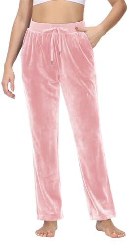 TACVASEN Damen Winterhose Thermo Fleecehose Atmungsaktiv Trainingshose Straight Leg Sweathose mit 2 Taschen (S, Rosa) von TACVASEN