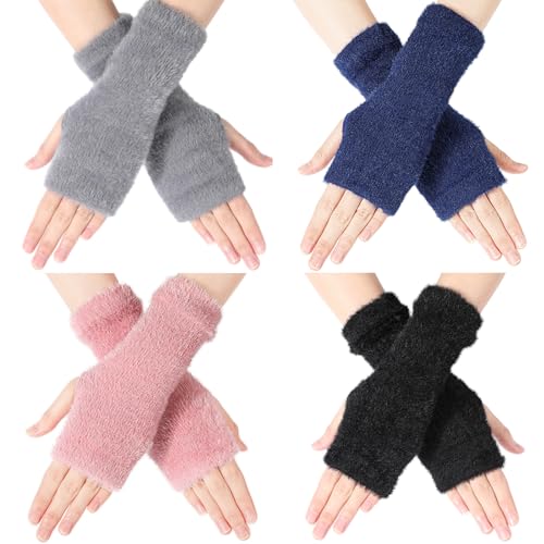 TAGVO Fingerlose Handschuhe Damen 4 Paar, Winterhandschuhe Strickhandschuhe mit weich Fleece Gefütterte, Gedehnt Atmungsaktiv Running-Handschuhe Sport Warm und Winddicht Winterhandschuhe für Damen von TAGVO