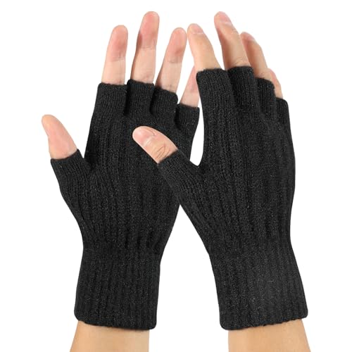 TAGVO Halb Fingerlose Handschuhe mit Elastisch Manschette, Warme Thermo Dehnbare Strickhandschuhe für Herren Damen zum Camping Wandern Laufen Radfahren Fahren Arbeiten Outdoor Schwarz von TAGVO