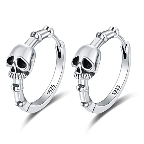 TANGPOET Totenkopf Ohrringe 925 Sterling Silber Schwarz Creolen Ohrring Totenkopf Kreolen Halloween Schmuck Geschenke für Männer Herren Jungen Mädchen von TANGPOET