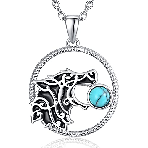 TANGPOET Wolf Halskette Wolf Anhänger Kette 925 Sterling Silber Wikinger Anhänger Signet Amulett Halskette mit Türkis Tier Schmuck von TANGPOET