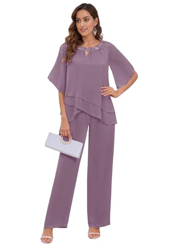 TANPAUL 2 Stück Hosenanzug Damen Festlich Elegant - Chiffon Kurzarm Mutter der Braut Hosenanzüge für Hochzeit Wisteria 48 TANPAUL 2 Stück Hosenanzug Damen Festlich Elegant - Chiffon Kurzarm Mutter der Braut Hosenanzüge für Hochzeit Wisteria 48 von TANPAUL