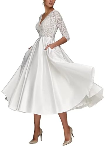 TANPAUL Brautkleider V-Ausschnitt Spitzen Hochzeitskleid Satin Rückenfrei Abendkleider Elfenbein 38 von TANPAUL