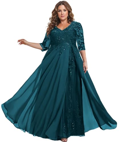 TANPAUL Brautmutterkleider für Hochzeit Große Größe - Damen Spitze Chiffon Festliche Partykleider Abendkleider mit Ärmel Pfau 54 TANPAUL Brautmutterkleider für Hochzeit Große Größe - Damen Spitze Chiffon Festliche Partykleider Abendkleider mit Ärmel Pfau 54 von TANPAUL