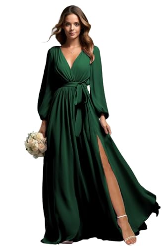 TANPAUL Damen Brautjungfernkleider Lang Chiffon - Elegant A-Linie Abendkleider mit Schlitz Dunkelgrün A 44 von TANPAUL