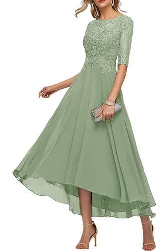 TANPAUL Damen Brautmutterkleider Lang Vokuhila A-Linie Abendkleid Spitze Chiffon Ballkleid Grau-grün 36 von TANPAUL