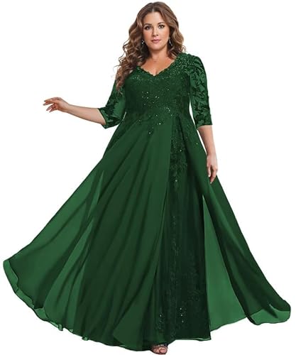 TANPAUL Spitze Chiffon Brautmutterkleider Halbarm Lang Abendkleid Ballkleid Plus Größe Dunkelgrün 46 von TANPAUL