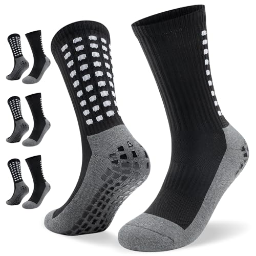 TANSTC Fußballsocken Herren Damen, Anti Rutsch Elastische Grip Socken Fussball, Outdoor Baumwolle Football Socks, Tape Design Fussballsocken Für Basketball Yoga Wandern Trekking Laufen, 3 Paar Schwarz von TANSTC